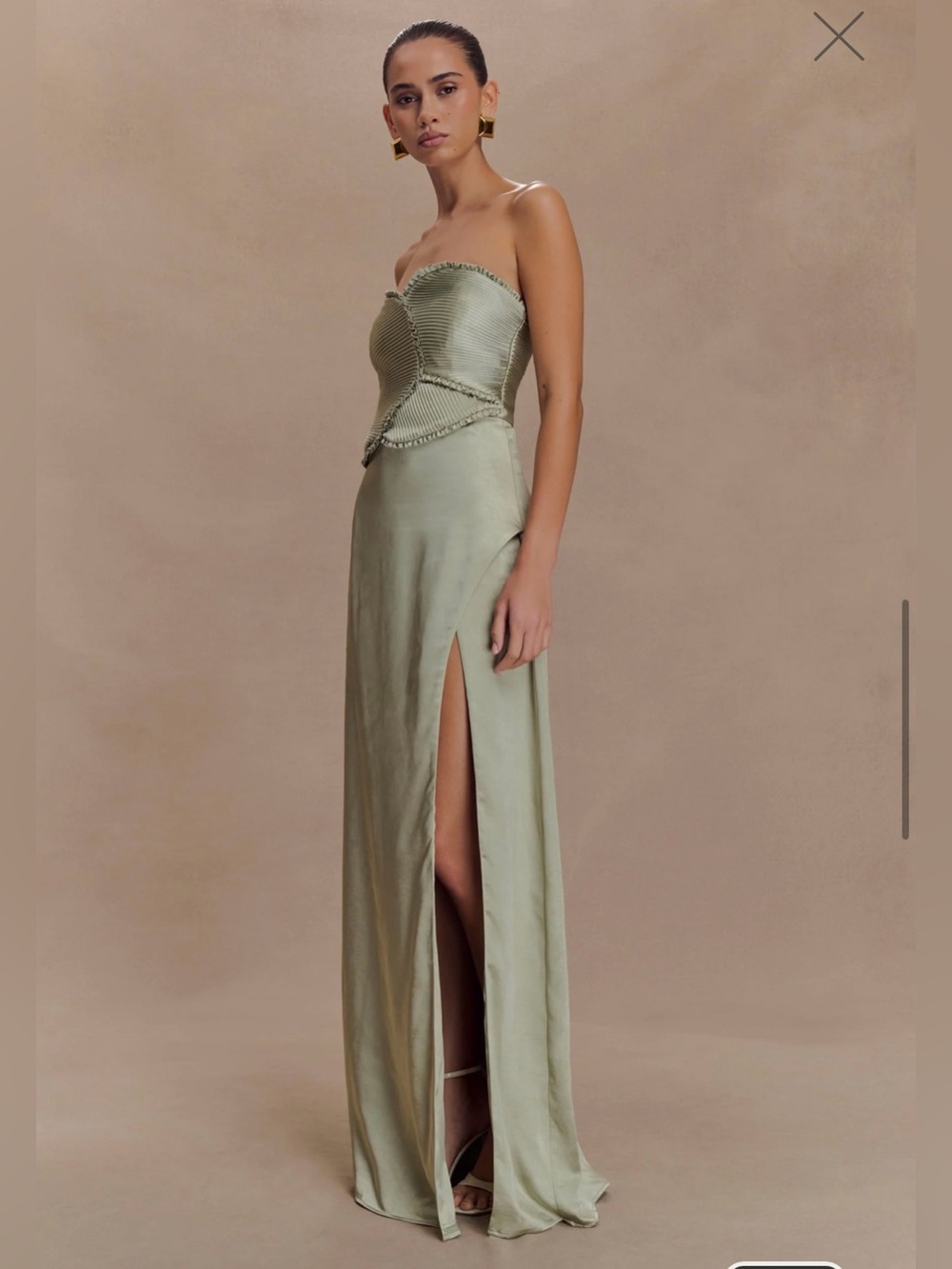 Meshki Larissa Satin Maxi Dress With Ruched Petals - Sage - Picture 3 of 11